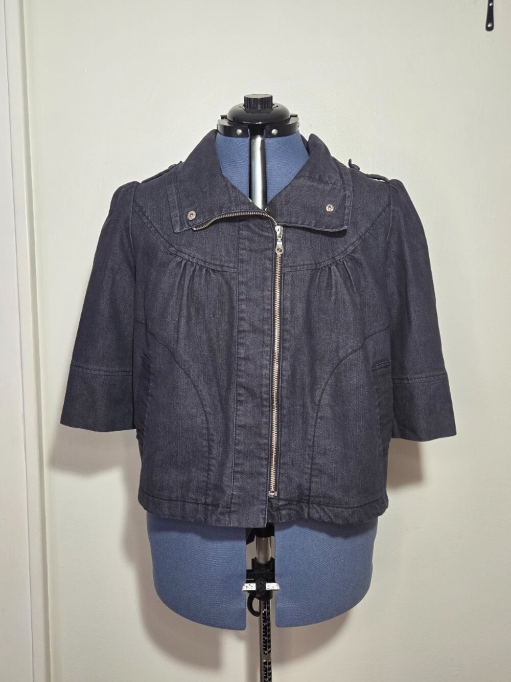 Willi Smith Cotton Blend Charcoal Chambray Cropped Zipper Jacket